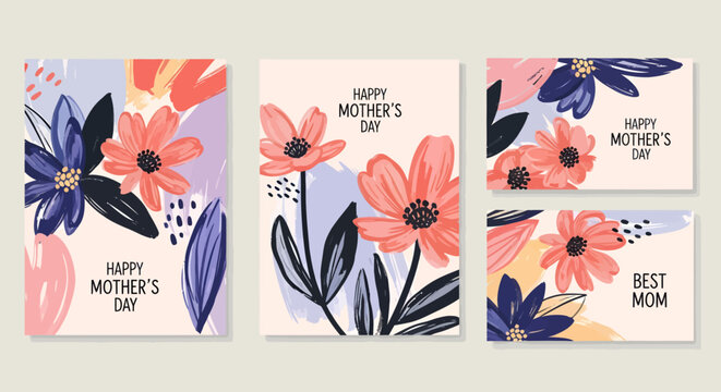 A set of four Mother's Day cards with floral designs and greetings. - Powered by Adobe