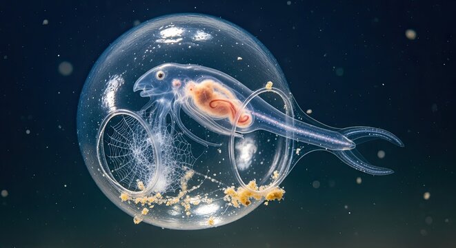 Transparent fish larva and jellyfish inside a salp in the deep ocean.
