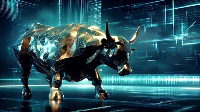 Stock market. Finance investment economy concept. 3D digital artwork of a bull, rendered in a lowpoly style with a futuristic aesthetic. The bull is depicted in a side profile.