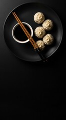 Steamed Dumplings with Soy Sauce on Black Plate with Chopsticks in Modern Minimalist Setting