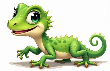 Fototapeta premium Cute green lizard illustration. Young reptile smiles, has large eyes and green spikes. Character stands on white backdrop. Cartoon animal character for kids.