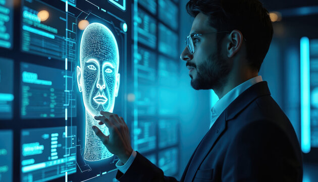 Man in glasses touches holographic human head on screen. Engineer works with AI model, digital twin data, refining real world simulation. Future tech, virtual reality, cyberspace concept. Person