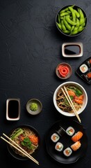 Fresh Sushi and Edamame Bowl Set on Dark Background with Soy Sauce and Wasabi