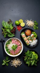 Fresh Vietnamese Cuisine with Rice Noodles Shrimp and Beef Soup on Dark Surface