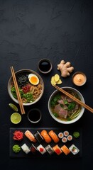 Japanese Food Bowls with Sushi and Ramen on Black Surface