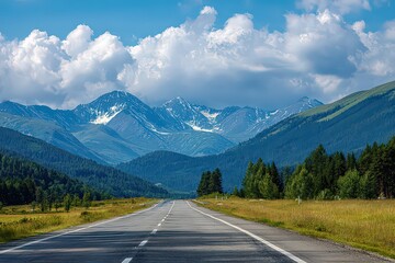 Naklejka premium Scenic Mountain Highway with Lush Green Trees and Snowy Peaks Under Cloudy Sky in Daytime Landscape