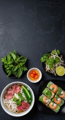 Fresh Vietnamese Pho Noodle Soup with Shrimp Vegetables and Herbs on Dark Surface