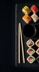 Assorted Sushi Rolls with Soy Sauce and Chopsticks on Black Slate Plate in Minimalist Style