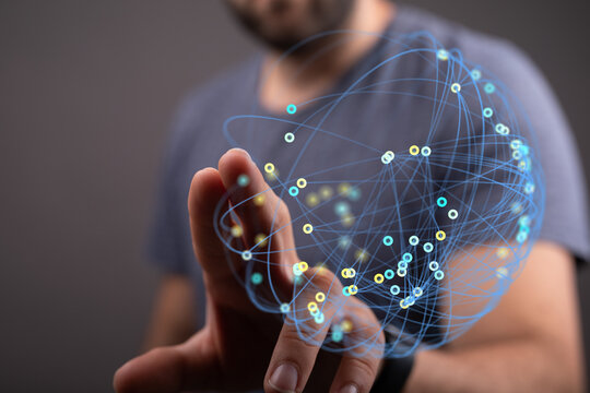 Close up of person interacting with digital sphere representing global connection and data transfer. Technology, communication, futuristic, glob