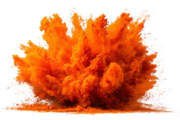 Vibrant orange powder explosion against a stark black background burst cloud, Isolated On Transparent Background, Png Cut Out