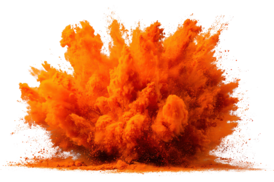 Vibrant orange powder explosion against a stark black background burst cloud, Isolated On Transparent Background, Png Cut Out