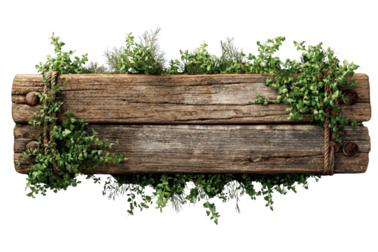 Rustic wooden planks with green vines and rope on black background board timber, Isolated On Transparent Background, Png Cut Out