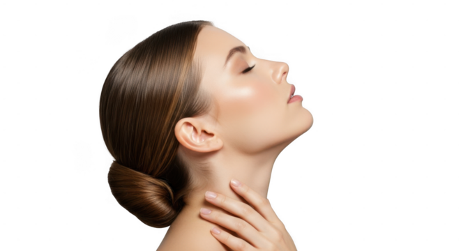 Young woman touching neck isolated on transparent background in profile view with serene expression