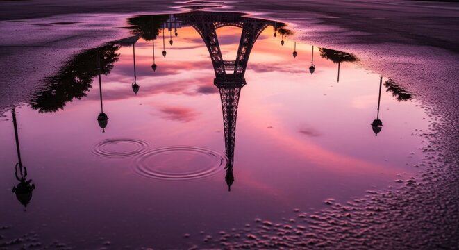 Eiffel tower reflected in a puddle during a vibrant purple and orange sunset
