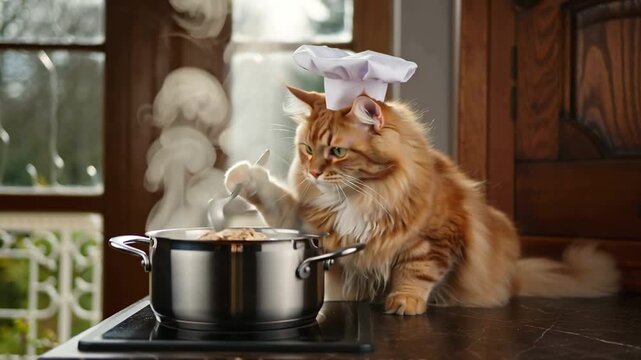 A fluffy orange tabby cat cooking