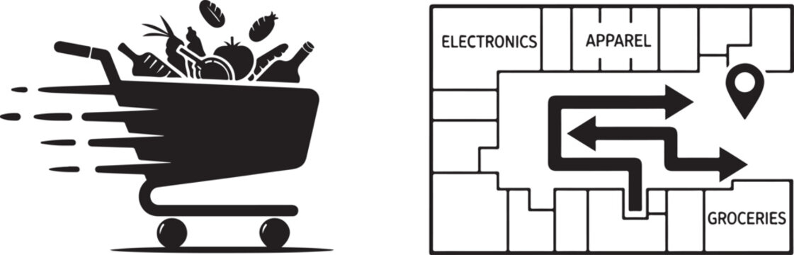 Black and White Vector Graphics: Shopping Cart, Retail Map, Navigation Elements