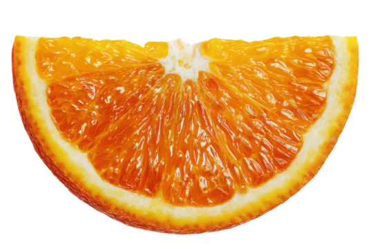 Close up of a juicy orange slice with vibrant orange pulp and white pith fruit citrus, Isolated On Transparent Background, Png Cut Out