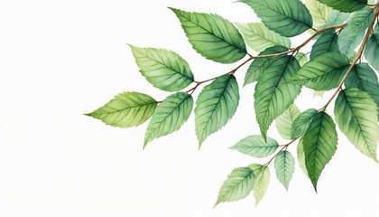 Fototapeta premium Watercolor painting presents rich foliage. Green leaves with detailed veins fill space on branch. Botanical illustration, ideal for prints, eco friendly art, garden inspired projects. White