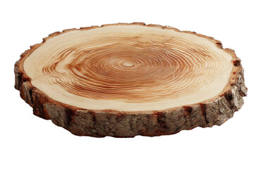 Close up of a light brown wood slice with visible growth rings and rough bark tree trunk, Isolated On Transparent Background, Png Cut Out