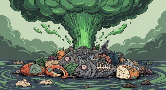 Surreal depiction of food waste problem with cloud shaped waste, unique artwork