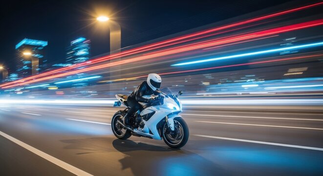 Motorcyclist rides a white sportbike at night with blurred city lights and light trails