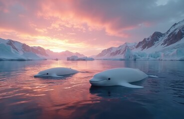 Two beluga whales swim calmly in arctic ocean water. Snow mountains and icebergs surround them. Vibrant sunset sky paints horizon pink and orange. This peaceful wild nature scene shows polar life.