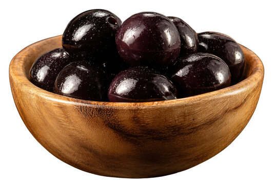Dark ripe olives glistening with water droplets in a wooden bowl black, Isolated On Transparent Background, Png Cut Out - Powered by Adobe