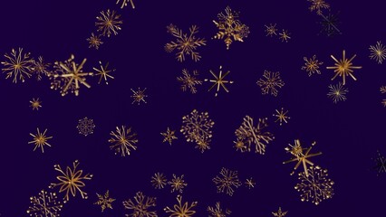 Elegant gold snowflakes falling on a deep blue background creating a festive winter holiday abstract design perfect for seasonal greetings