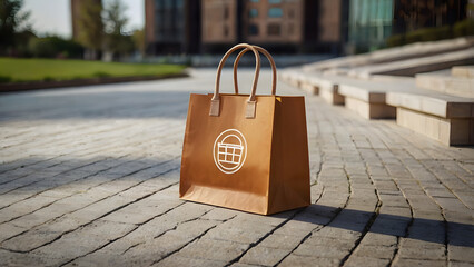 Shopping bag outdoors on a cobblestone path, a symbol of commerce and eco-friendly choices