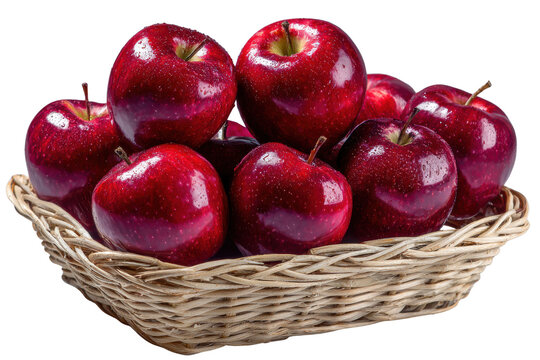 Ripe red apples with water droplets in a wicker basket on black background fruit food, Isolated On Transparent Background, Png Cut Out