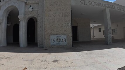 The engraved foundation year 1948 on the exterior of St. Sophia Greek Orthodox Church in Miami