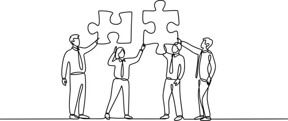 Teamwork puzzle illustration, business collaboration line art, problem-solving concept sketch, minimalist corporate icon, continuous drawing, unity and strategy design