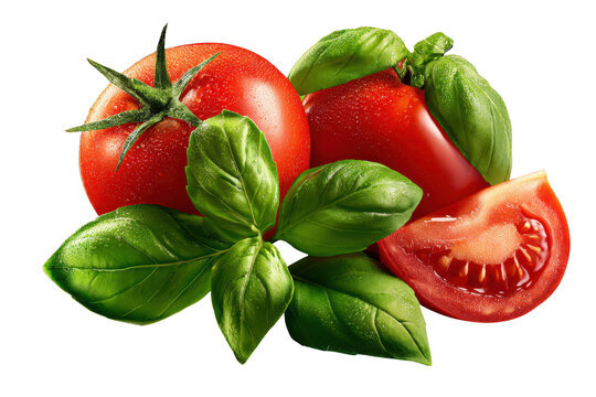 Two whole red tomatoes and one sliced tomato with fresh green basil leaves image, Isolated On Transparent Background, Png Cut Out
