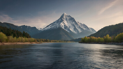 Majestic Snow-Capped Mountain Overlooking a Serene River Surrounded by Lush Green Forest Under a Soft Sky