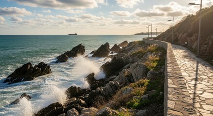 Scenic coastal pathway with crashing waves and distant ship horizon view