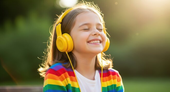 A young girl immersed in music with yellow headphones on a sunny day
