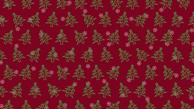 Festive red and green holiday with christmas trees  pattern and snowflakes. Ideal for christmas theme, backgrounds and designs.