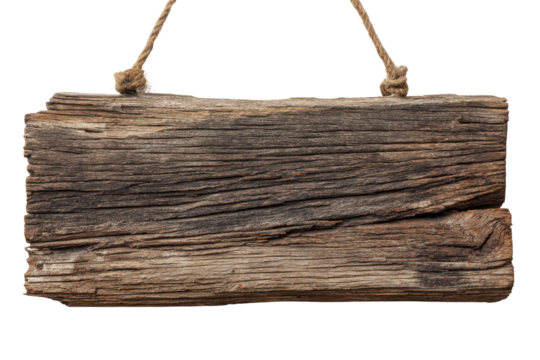 Weathered rustic wooden plank sign hanging by rope on black background image, Isolated On Transparent Background, Png Cut Out