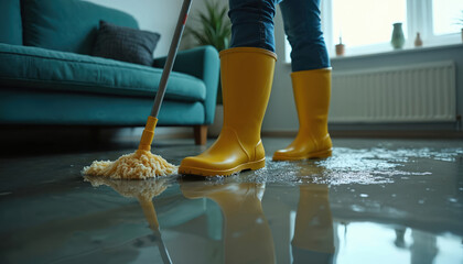 Person in yellow boots mops flooded floor in home after water damage. Mop removes water from house after disaster. Flood cleanup domestic problem.