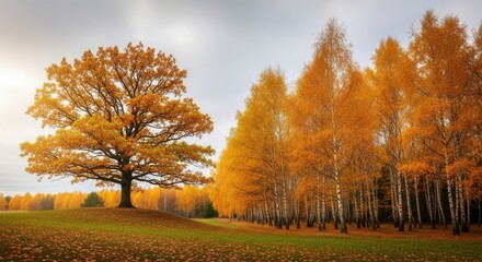 Magnificent oak tree with golden foliage adorning an autumn landscape