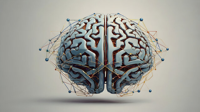 Futuristic 3D render of a stylized brain connected by a network of lines and nodes, symbolizing artificial intelligence and neural connections - Powered by Adobe
