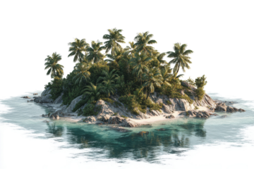 Tropical island with palm trees and clear turquoise water image, Isolated On Transparent Background, Png Cut Out
