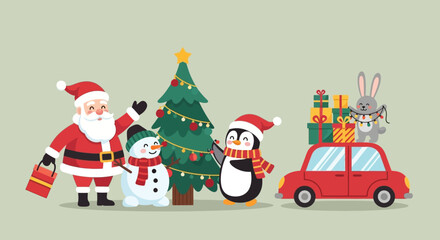 A festive Christmas scene with Santa Claus, a snowman, a penguin, and a rabbit with a decorated tree and a car full of gifts