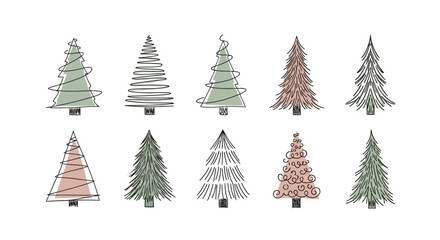Obraz premium Set of hand-drawn stylized Christmas trees. Collection of doodle winter pine and fir illustrations for festive holiday greeting cards and decoration