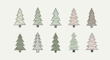 Obraz premium Artistic collection of ten minimalist evergreen pine trees in a hand-sketched style, perfect for winter and holiday designs