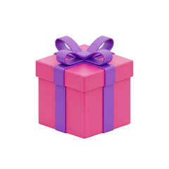 Pink 3d gift box with purple ribbon and bow isolated on transparent background