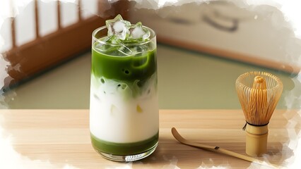 Matcha and milk, ice cubes shaped like stars with bamboo