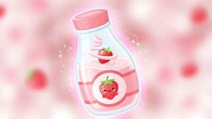 Bottle of strawberry milk with a floating strawberry and cream swirl, dreamy soft pink aura and tiny sparkles, kawaii aesthetic