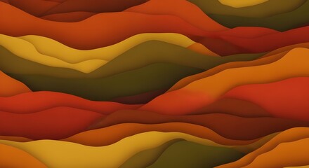 Rich, layered paper cut illustration with undulating wave shapes in a palette of warm autumnal colors, including deep red, burnt orange, and golden yellow. Excellent backdrop for seasonal marketing.
