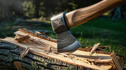 Sharp Axe Splitting Wood in Forest – Photorealistic Close-up of Chopping Log Outdoors